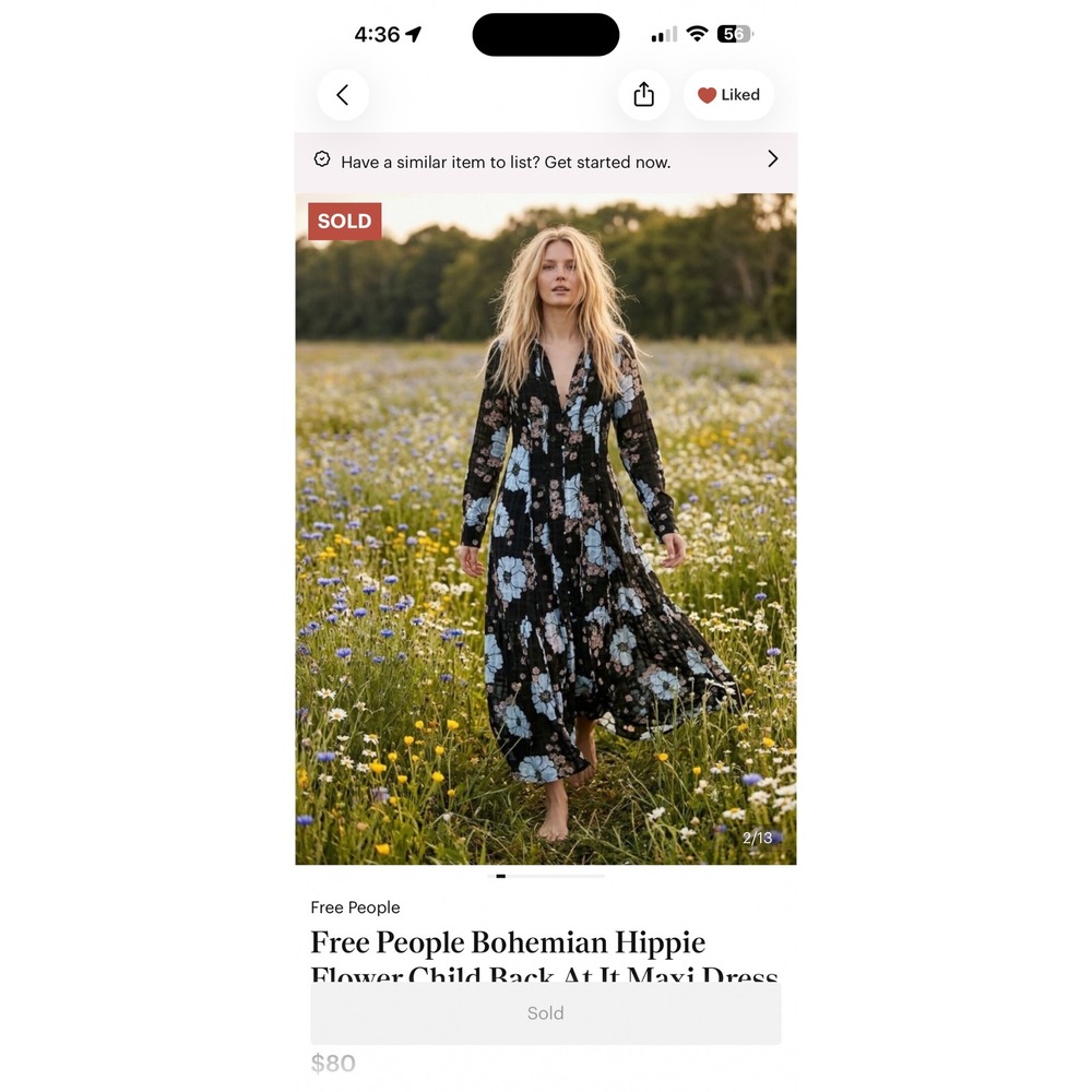 Free People Bohemian Hippie Flower Child Back At It Maxi Dress Black Floral S